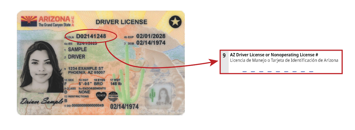 The Driver’s License number circled on a sample card goes in Box 9 on the Registration form.